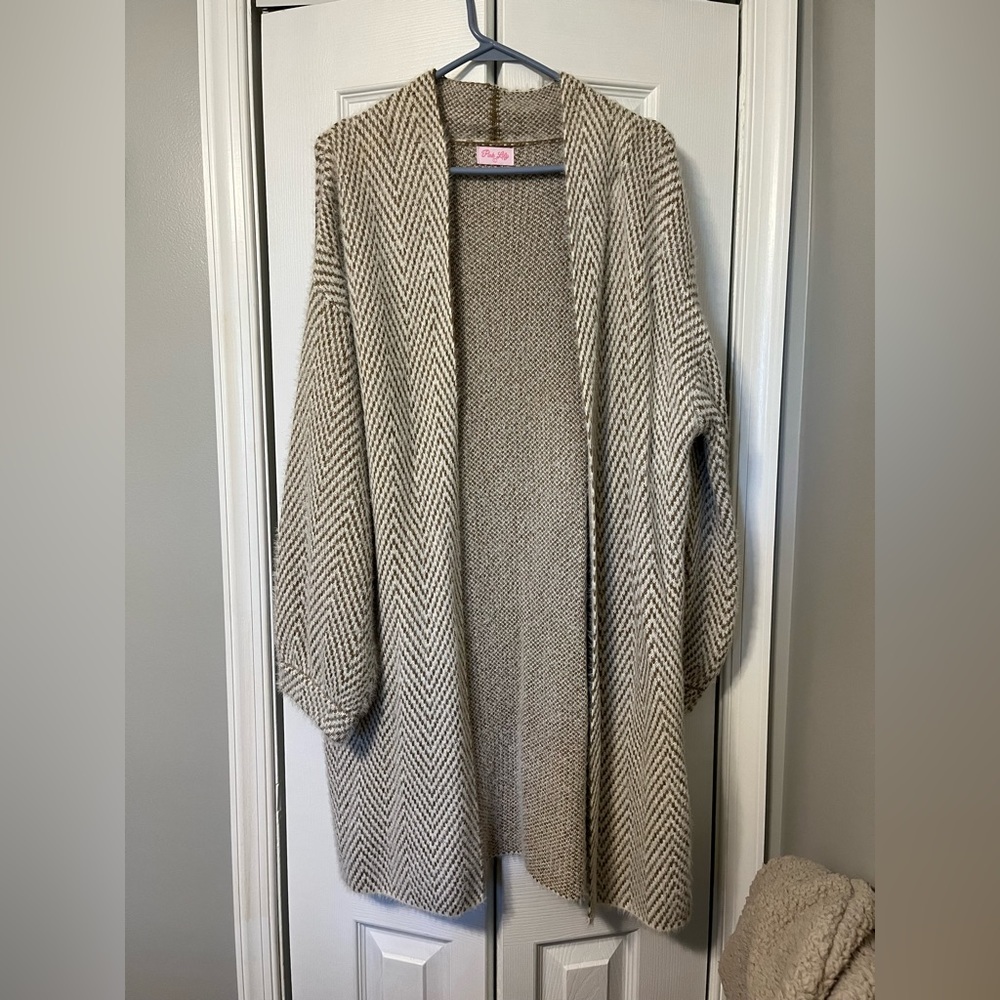 🔥 Pink Lily Trip Into Town Brown Herringbone Duster Cardigan - Large